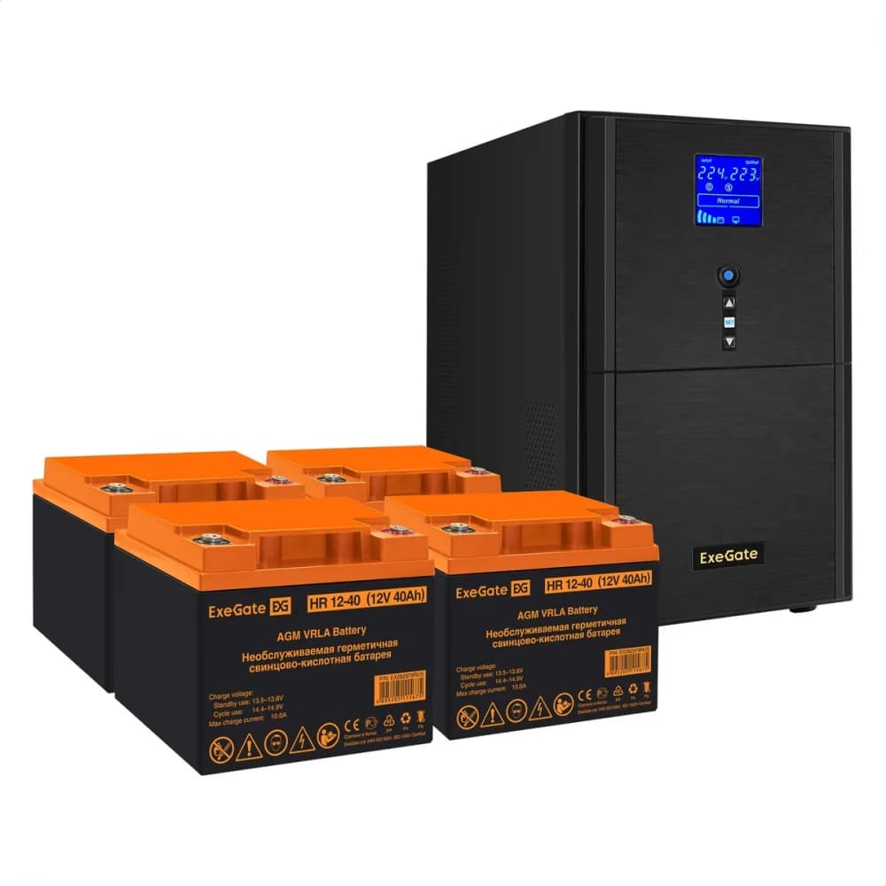 Комплект ИБП EX295990RUS + батарея 40Aч EX282979RUS 4шт (инвертор, синус, для котла) ExeGate SineTower SZ-3000.LCD.AVR.3SH.1C13.RJ.USB <3000VA/2400W, чистый синусоида, LCD дисплей, AVR, 3*Schuko+1*C