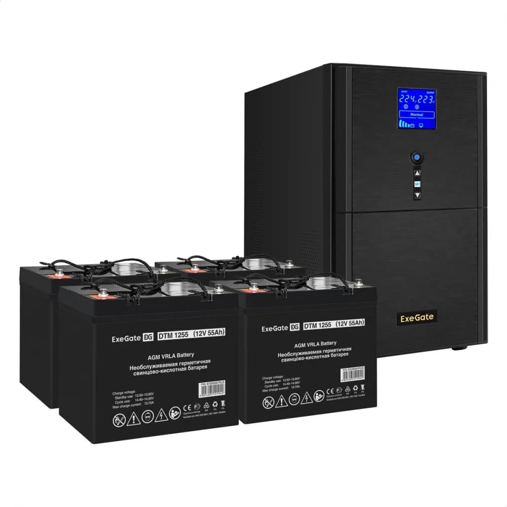 Комплект ИБП EX295990RUS + батарея 55Aч EX285667RUS 4шт (инвертор, синус, для котла) ExeGate SineTower SZ-3000.LCD.AVR.3SH.1C13.RJ.USB <3000VA/2400W, чистый синусоида, LCD дисплей, AVR, 3*Schuko+1*C