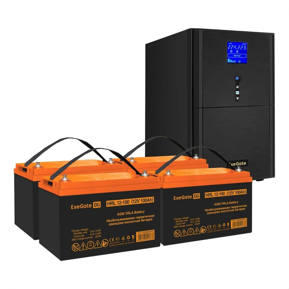 Комплект ИБП EX295991RUS + батарея 100Aч EX285656RUS 4шт (инвертор, синус, для котла) ExeGate SineTower SZ-5000.LCD.AVR.2SH.1C13.T.RJ.USB <5000VA/4000W, чистый синусоида, LCD дисплей, AVR, 2*Schuko+