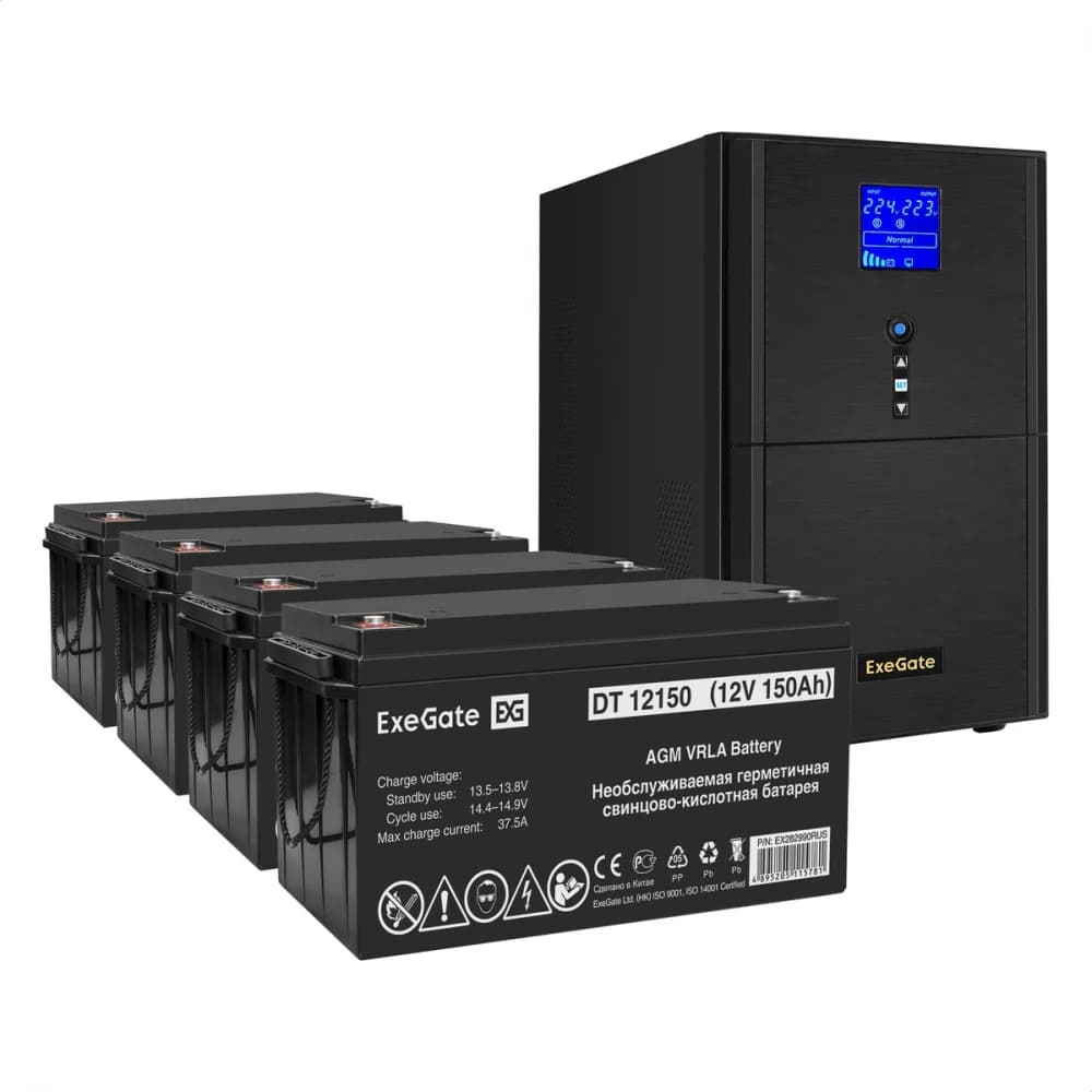 Комплект ИБП EX295991RUS + батарея 150Aч EX282990RUS 4шт (инвертор, синус, для котла) ExeGate SineTower SZ-5000.LCD.AVR.2SH.1C13.T.RJ.USB <5000VA/4000W, чистый синусоида, LCD дисплей, AVR, 2*Schuko+