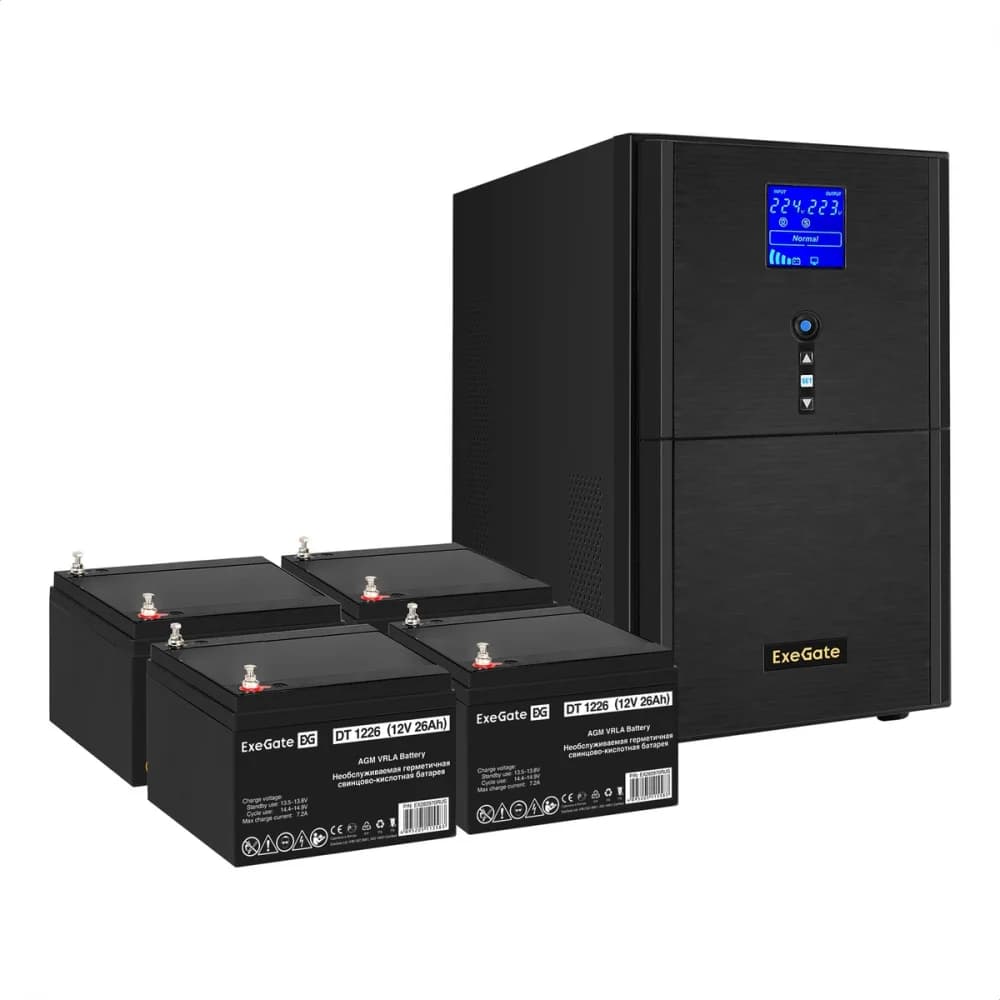 Комплект ИБП EX295991RUS + батарея 26Aч EX282970RUS 4шт (инвертор, синус, для котла) ExeGate SineTower SZ-5000.LCD.AVR.2SH.1C13.T.RJ.USB <5000VA/4000W, чистый синусоида, LCD дисплей, AVR, 2*Schuko+1