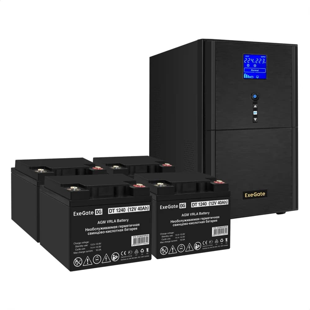 Комплект ИБП EX295991RUS + батарея 40Aч EX282976RUS 4шт (инвертор, синус, для котла) ExeGate SineTower SZ-5000.LCD.AVR.2SH.1C13.T.RJ.USB <5000VA/4000W, чистый синусоида, LCD дисплей, AVR, 2*Schuko+1