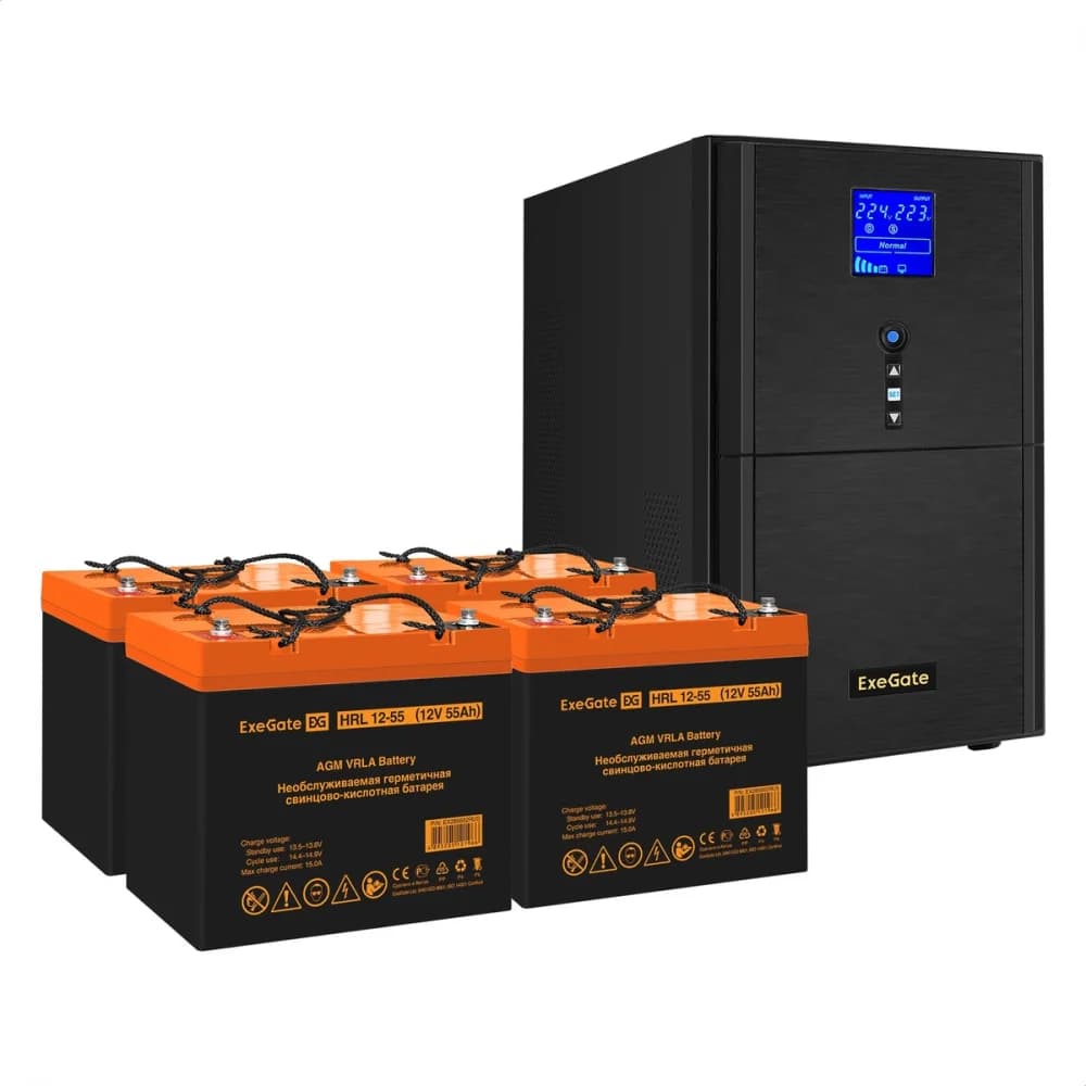 Комплект ИБП EX295991RUS + батарея 55Aч EX285652RUS 4шт (инвертор, синус, для котла) ExeGate SineTower SZ-5000.LCD.AVR.2SH.1C13.T.RJ.USB <5000VA/4000W, чистый синусоида, LCD дисплей, AVR, 2*Schuko+1