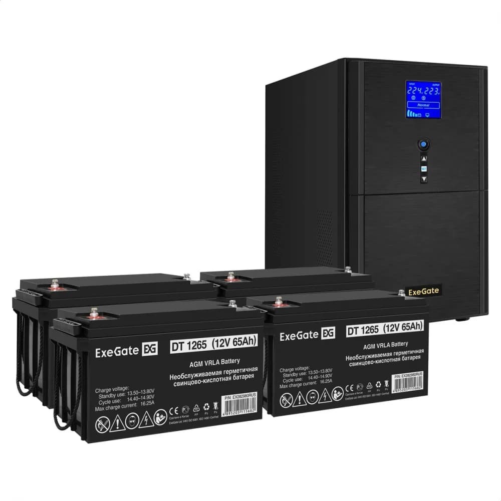 Комплект ИБП EX295991RUS + батарея 65Aч EX282980RUS 4шт (инвертор, синус, для котла) ExeGate SineTower SZ-5000.LCD.AVR.2SH.1C13.T.RJ.USB <5000VA/4000W, чистый синусоида, LCD дисплей, AVR, 2*Schuko+1