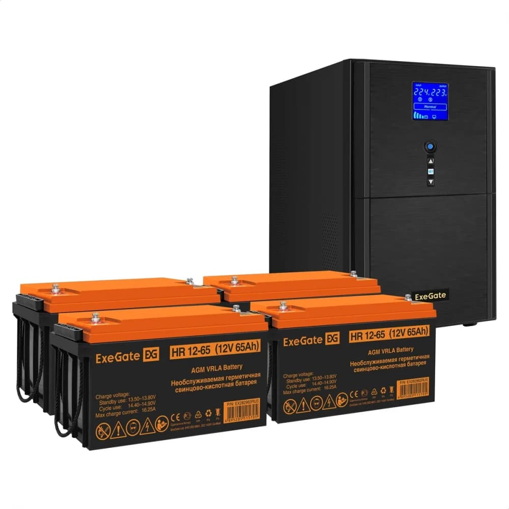 Комплект ИБП EX295991RUS + батарея 65Aч EX282982RUS 4шт (инвертор, синус, для котла) ExeGate SineTower SZ-5000.LCD.AVR.2SH.1C13.T.RJ.USB <5000VA/4000W, чистый синусоида, LCD дисплей, AVR, 2*Schuko+1