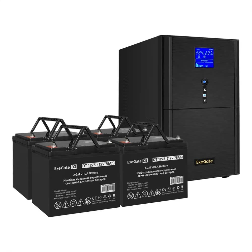 Комплект ИБП EX295991RUS + батарея 75Aч EX282983RUS 4шт (инвертор, синус, для котла) ExeGate SineTower SZ-5000.LCD.AVR.2SH.1C13.T.RJ.USB <5000VA/4000W, чистый синусоида, LCD дисплей, AVR, 2*Schuko+1