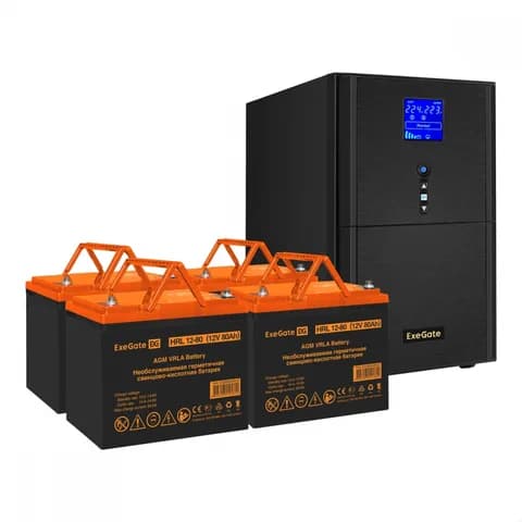 Комплект ИБП EX295991RUS + батарея 80Aч EX285654RUS 4шт (инвертор, синус, для котла) ExeGate SineTower SZ-5000.LCD.AVR.2SH.1C13.T.RJ.USB <5000VA/4000W, чистый синусоида, LCD дисплей, AVR, 2*Schuko+1