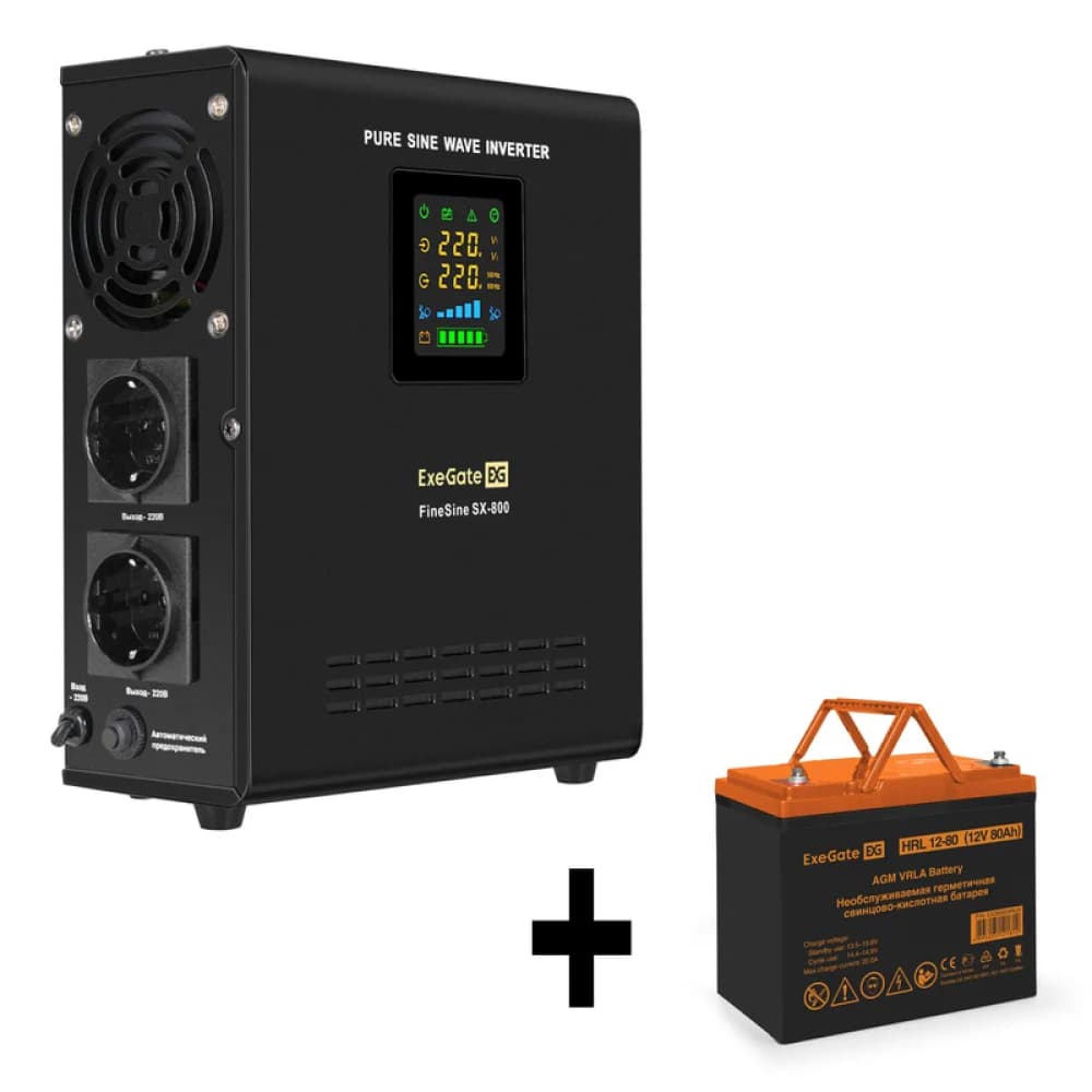 Комплект ИБП EX295996RUS + батарея 80Aч EX285654RUS 1шт (инвертор, синус, для котла, настенный) ExeGate FineSine SX-800.LCD.AVR.2SH <800VA/500W, чистая синусоида, цветной LCD-дисплей, AVR, 2*Schuko,