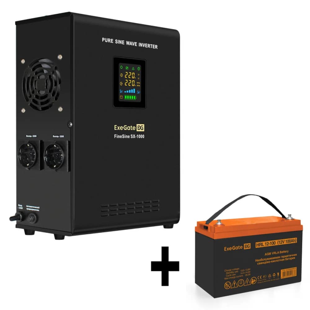 Комплект ИБП EX295997RUS + батарея 100Aч EX285656RUS 1шт (инвертор, синус, для котла, настенный) ExeGate FineSine SX-1000.LCD.AVR.2SH <1000VA/600W, чистая синусоида, цветной LCD-дисплей, AVR, 2*Schu