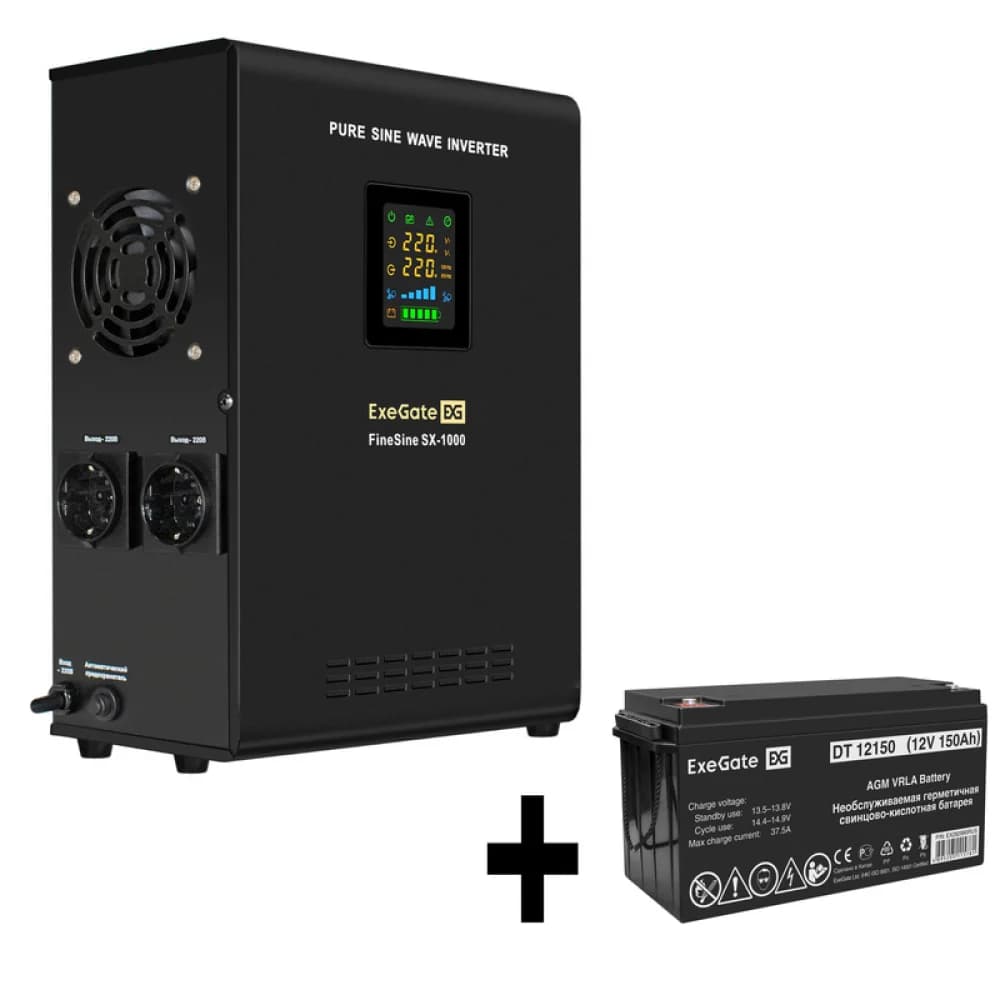 Комплект ИБП EX295997RUS + батарея 150Aч EX282990RUS 1шт (инвертор, синус, для котла, настенный) ExeGate FineSine SX-1000.LCD.AVR.2SH <1000VA/600W, чистая синусоида, цветной LCD-дисплей, AVR, 2*Schu