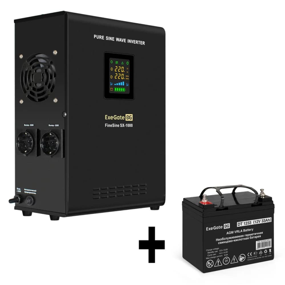 Комплект ИБП EX295997RUS + батарея 33Aч EX282974RUS 1шт (инвертор, синус, для котла, настенный) ExeGate FineSine SX-1000.LCD.AVR.2SH <1000VA/600W, чистая синусоида, цветной LCD-дисплей, AVR, 2*Schuk
