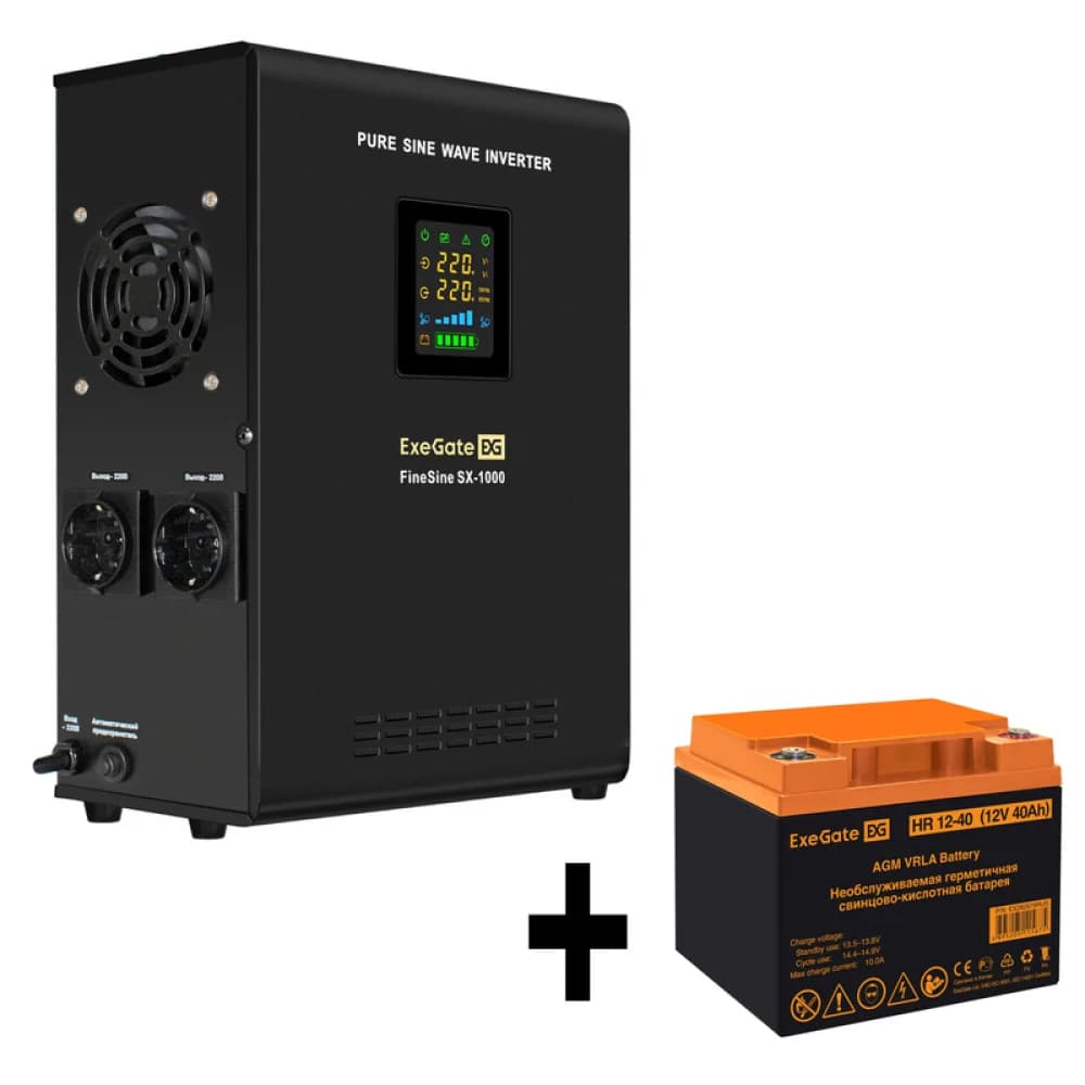 Комплект ИБП EX295997RUS + батарея 40Aч EX282979RUS 1шт (инвертор, синус, для котла, настенный) ExeGate FineSine SX-1000.LCD.AVR.2SH <1000VA/600W, чистая синусоида, цветной LCD-дисплей, AVR, 2*Schuk