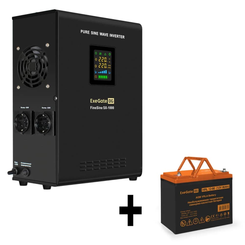 Комплект ИБП EX295997RUS + батарея 80Aч EX285654RUS 1шт (инвертор, синус, для котла, настенный) ExeGate FineSine SX-1000.LCD.AVR.2SH <1000VA/600W, чистая синусоида, цветной LCD-дисплей, AVR, 2*Schuk