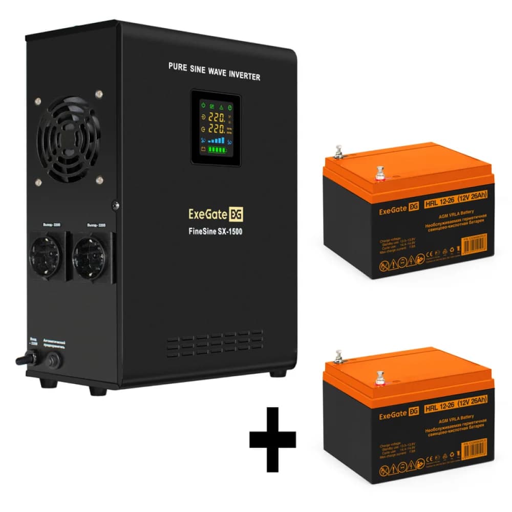 Комплект ИБП EX295998RUS + батарея 26Aч EX285663RUS 2шт (инвертор, синус, для котла, настенный) ExeGate FineSine SX-1500.LCD.AVR.2SH <1500VA/1050W, чистая синусоида, цветной LCD-дисплей, AVR, 2*Schu
