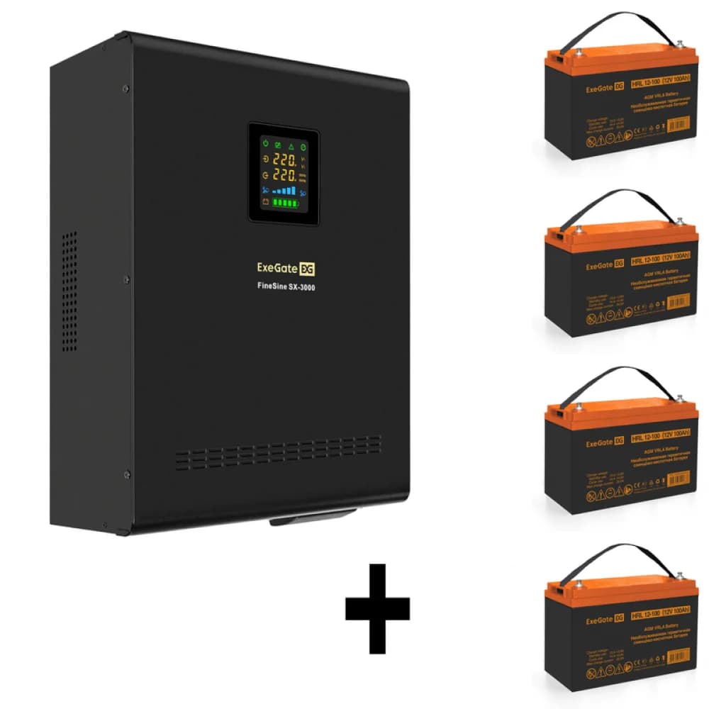 Комплект ИБП EX296003RUS + батарея 100Aч EX285656RUS 4шт (инвертор, синус, для котла, настенный) ExeGate FineSine SX-3000.LCD.AVR.2SH.T <3000VA/2100W, чистая синусоида, цветной LCD-дисплей, AVR, 2*S