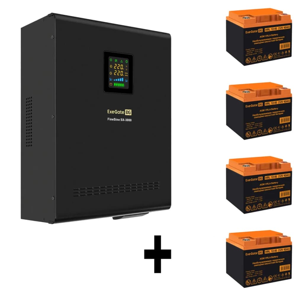 Комплект ИБП EX296003RUS + батарея 45Aч EX285666RUS 4шт (инвертор, синус, для котла, настенный) ExeGate FineSine SX-3000.LCD.AVR.2SH.T <3000VA/2100W, чистая синусоида, цветной LCD-дисплей, AVR, 2*Sc