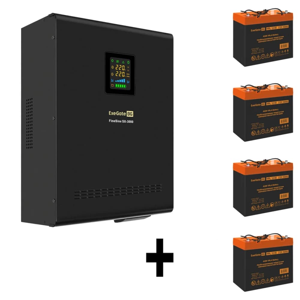 Комплект ИБП EX296003RUS + батарея 55Aч EX285652RUS 4шт (инвертор, синус, для котла, настенный) ExeGate FineSine SX-3000.LCD.AVR.2SH.T <3000VA/2100W, чистая синусоида, цветной LCD-дисплей, AVR, 2*Sc