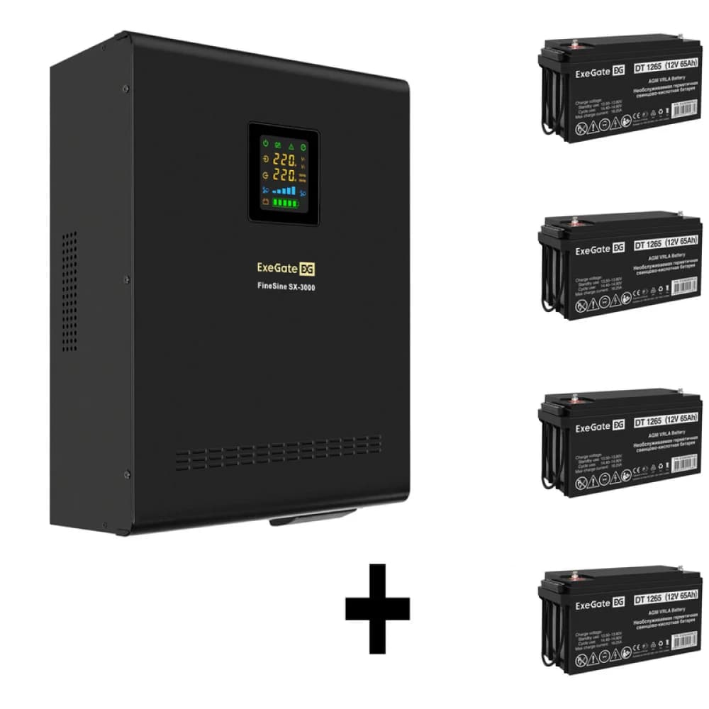 Комплект ИБП EX296003RUS + батарея 65Aч EX282980RUS 4шт (инвертор, синус, для котла, настенный) ExeGate FineSine SX-3000.LCD.AVR.2SH.T <3000VA/2100W, чистая синусоида, цветной LCD-дисплей, AVR, 2*Sc