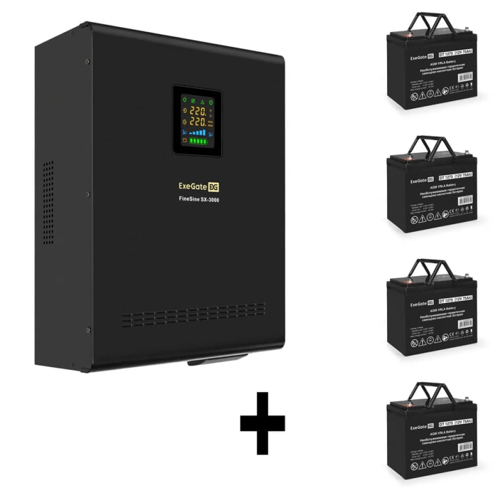 Комплект ИБП EX296003RUS + батарея 75Aч EX282983RUS 4шт (инвертор, синус, для котла, настенный) ExeGate FineSine SX-3000.LCD.AVR.2SH.T <3000VA/2100W, чистая синусоида, цветной LCD-дисплей, AVR, 2*Sc