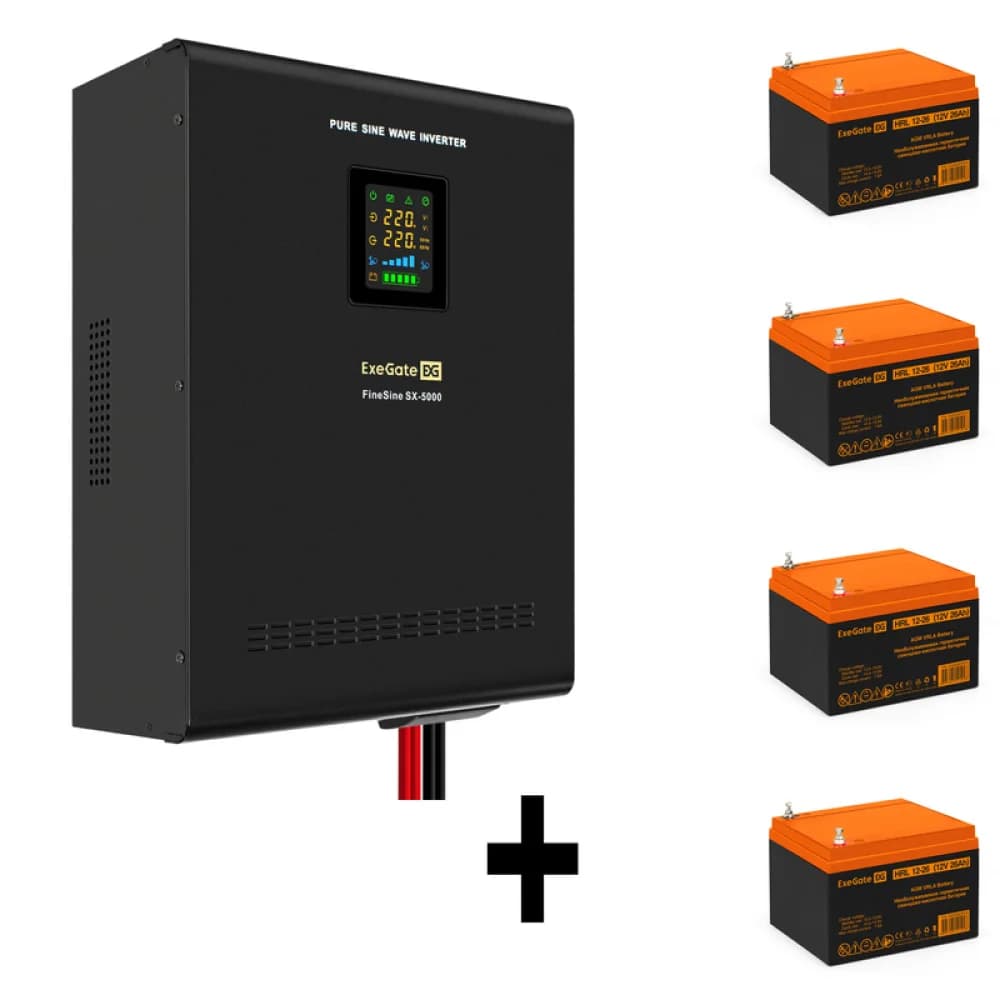 Комплект ИБП EX296004RUS + батарея 26Aч EX285663RUS 4шт (инвертор, синус, для котла, настенный) ExeGate FineSine SX-5000.LCD.AVR.2SH.T <5000VA/3500W, чистая синусоида, цветной LCD-дисплей, AVR, 2*Sc