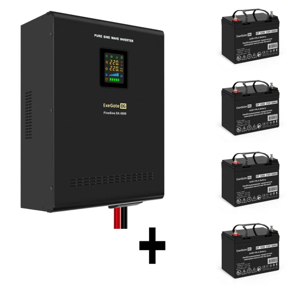 Комплект ИБП EX296004RUS + батарея 33Aч EX282974RUS 4шт (инвертор, синус, для котла, настенный) ExeGate FineSine SX-5000.LCD.AVR.2SH.T <5000VA/3500W, чистая синусоида, цветной LCD-дисплей, AVR, 2*Sc