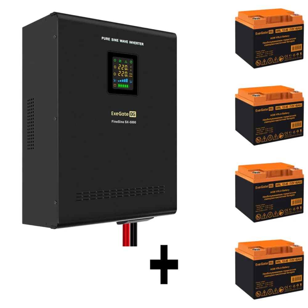 Комплект ИБП EX296004RUS + батарея 45Aч EX285666RUS 4шт (инвертор, синус, для котла, настенный) ExeGate FineSine SX-5000.LCD.AVR.2SH.T <5000VA/3500W, чистая синусоида, цветной LCD-дисплей, AVR, 2*Sc