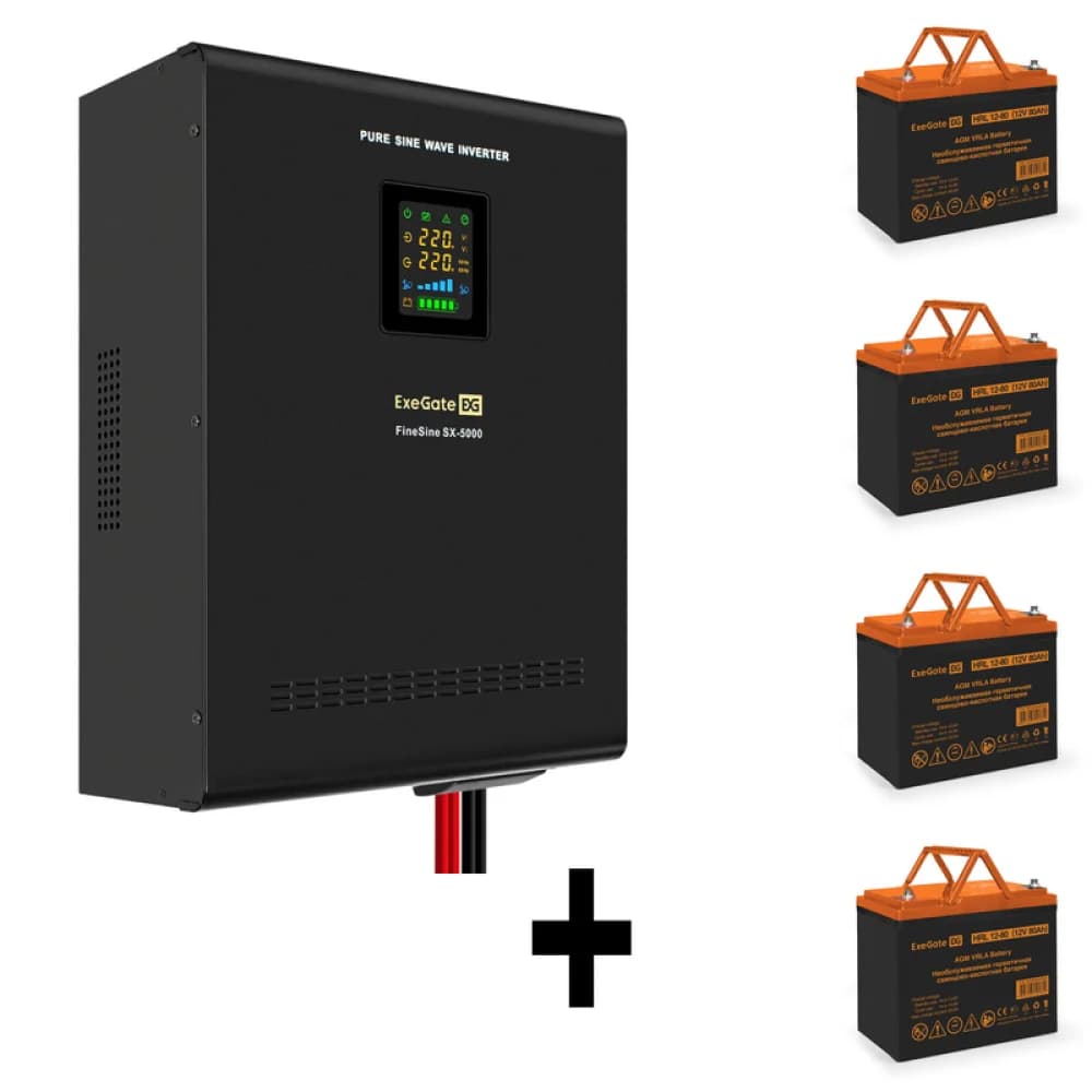 Комплект ИБП EX296004RUS + батарея 80Aч EX285654RUS 4шт (инвертор, синус, для котла, настенный) ExeGate FineSine SX-5000.LCD.AVR.2SH.T <5000VA/3500W, чистая синусоида, цветной LCD-дисплей, AVR, 2*Sc