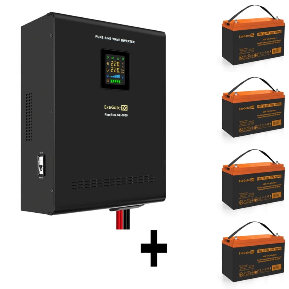 Комплект ИБП EX296005RUS + батарея 100Aч EX285656RUS 4шт (инвертор, синус, для котла, настенный) ExeGate FineSine SX-7000.LCD.AVR.2SH.T <7000VA/5000W, чистая синусоида, цветной LCD-дисплей, AVR, 2*S