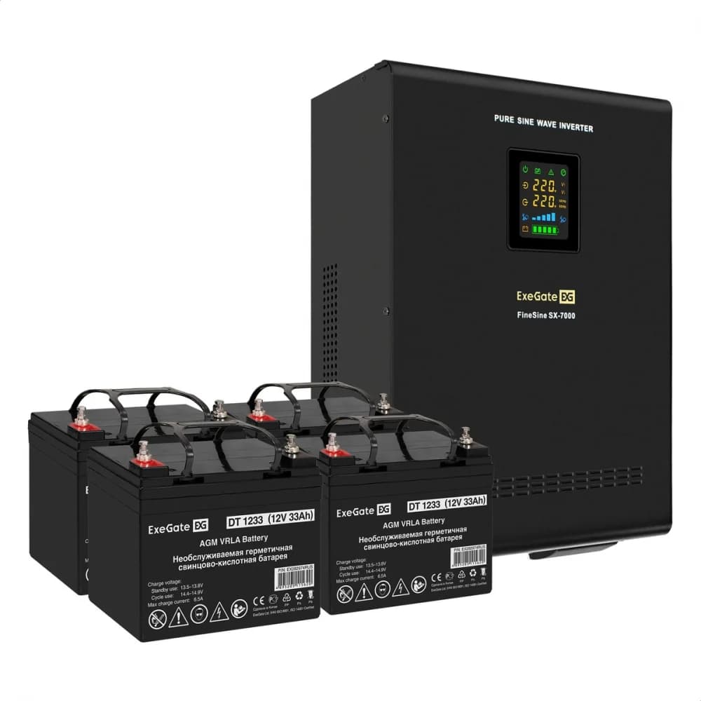 Комплект ИБП EX296005RUS + батарея 33Aч EX282974RUS 4шт (инвертор, синус, для котла, настенный) ExeGate FineSine SX-7000.LCD.AVR.2SH.T <7000VA/5000W, чистая синусоида, цветной LCD-дисплей, AVR, 2*Sc