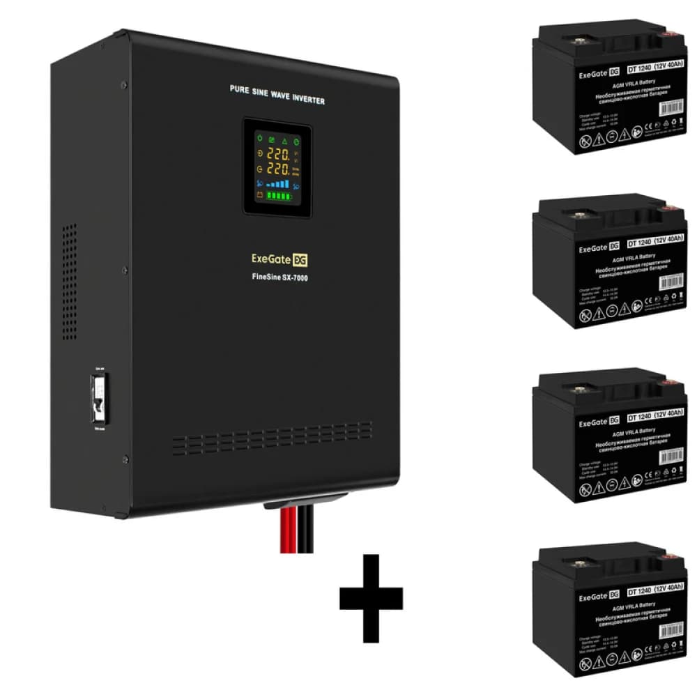Комплект ИБП EX296005RUS + батарея 40Aч EX282976RUS 4шт (инвертор, синус, для котла, настенный) ExeGate FineSine SX-7000.LCD.AVR.2SH.T <7000VA/5000W, чистая синусоида, цветной LCD-дисплей, AVR, 2*Sc