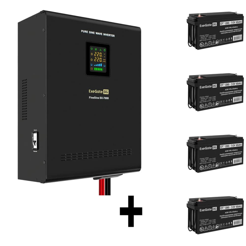Комплект ИБП EX296005RUS + батарея 65Aч EX282980RUS 4шт (инвертор, синус, для котла, настенный) ExeGate FineSine SX-7000.LCD.AVR.2SH.T <7000VA/5000W, чистая синусоида, цветной LCD-дисплей, AVR, 2*Sc