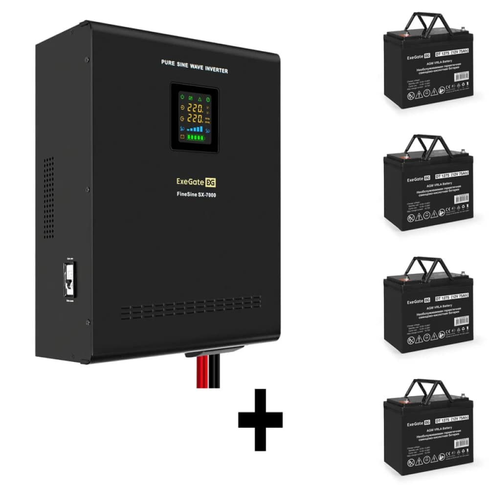 Комплект ИБП EX296005RUS + батарея 75Aч EX282983RUS 4шт (инвертор, синус, для котла, настенный) ExeGate FineSine SX-7000.LCD.AVR.2SH.T <7000VA/5000W, чистая синусоида, цветной LCD-дисплей, AVR, 2*Sc