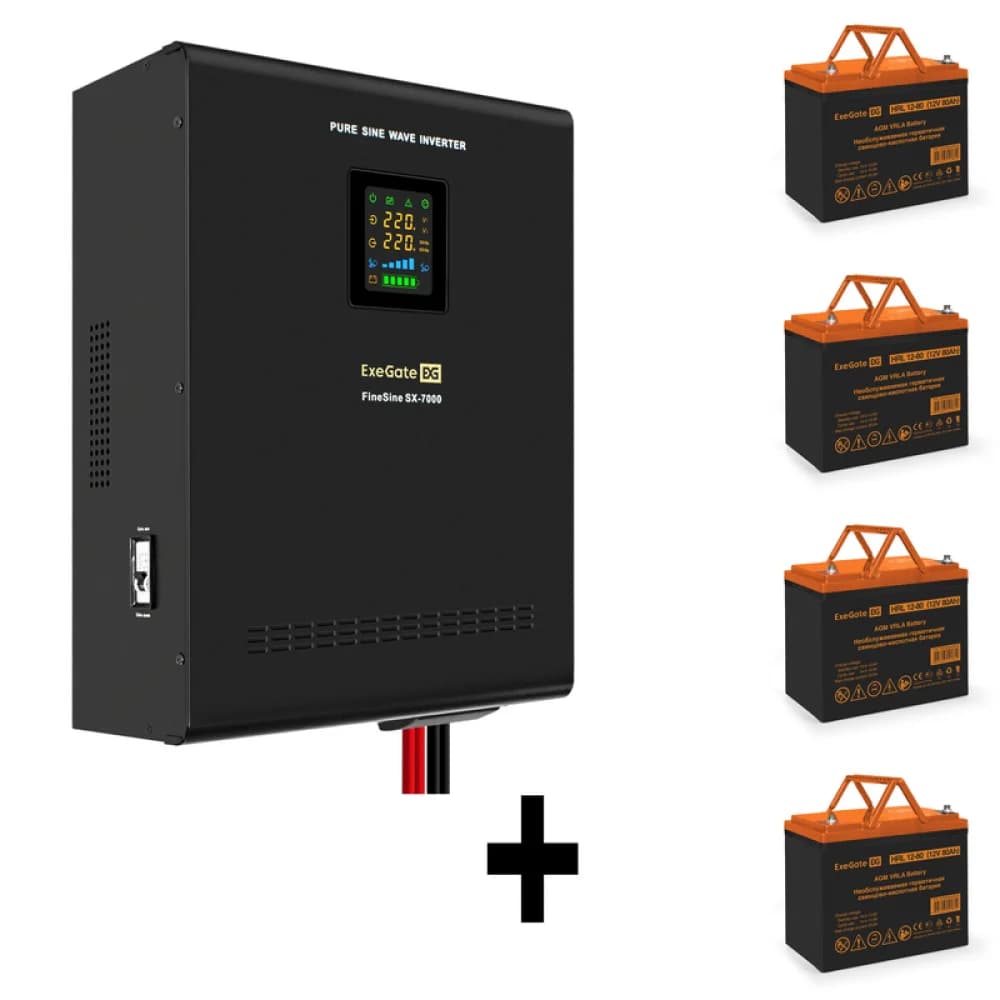 Комплект ИБП EX296005RUS + батарея 80Aч EX285654RUS 4шт (инвертор, синус, для котла, настенный) ExeGate FineSine SX-7000.LCD.AVR.2SH.T <7000VA/5000W, чистая синусоида, цветной LCD-дисплей, AVR, 2*Sc