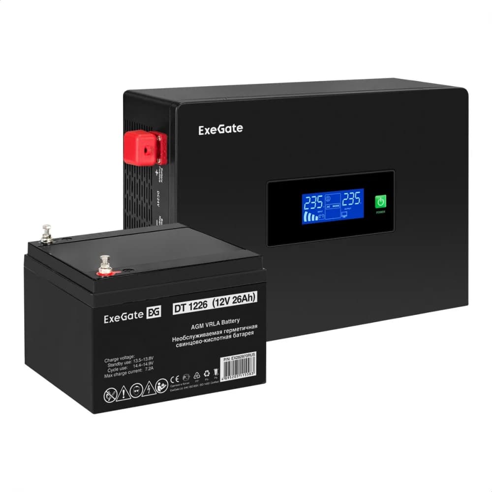 Комплект ИБП EX295992RUS + батарея 26Aч EX282970RUS 1шт (инвертор, синус, для котла, PF=1, настенный) ExeGate IdealSine SR-600.LCD.2SH <600VA/600W, чистая синусоида, цветной LCD-дисплей, 2*Schuko, к