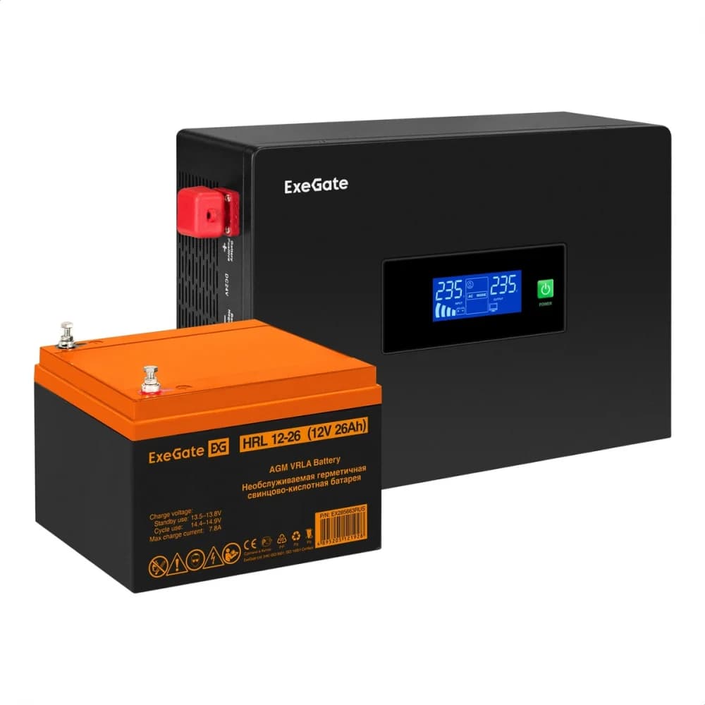 Комплект ИБП EX295992RUS + батарея 26Aч EX285663RUS 1шт инвертор, синус, для котла, PF=1, настенный) ExeGate IdealSine SR-600.LCD.2SH <600VA/600W, чистая синусоида, цветной LCD-дисплей, 2*Schuko, кр