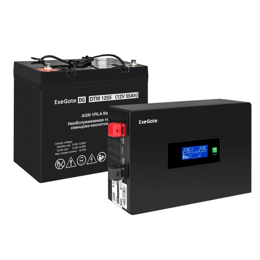 Комплект ИБП EX295992RUS + батарея 55Aч EX285667RUS 1шт инвертор, синус, для котла, PF=1, настенный) ExeGate IdealSine SR-600.LCD.2SH <600VA/600W, чистая синусоида, цветной LCD-дисплей, 2*Schuko, кр