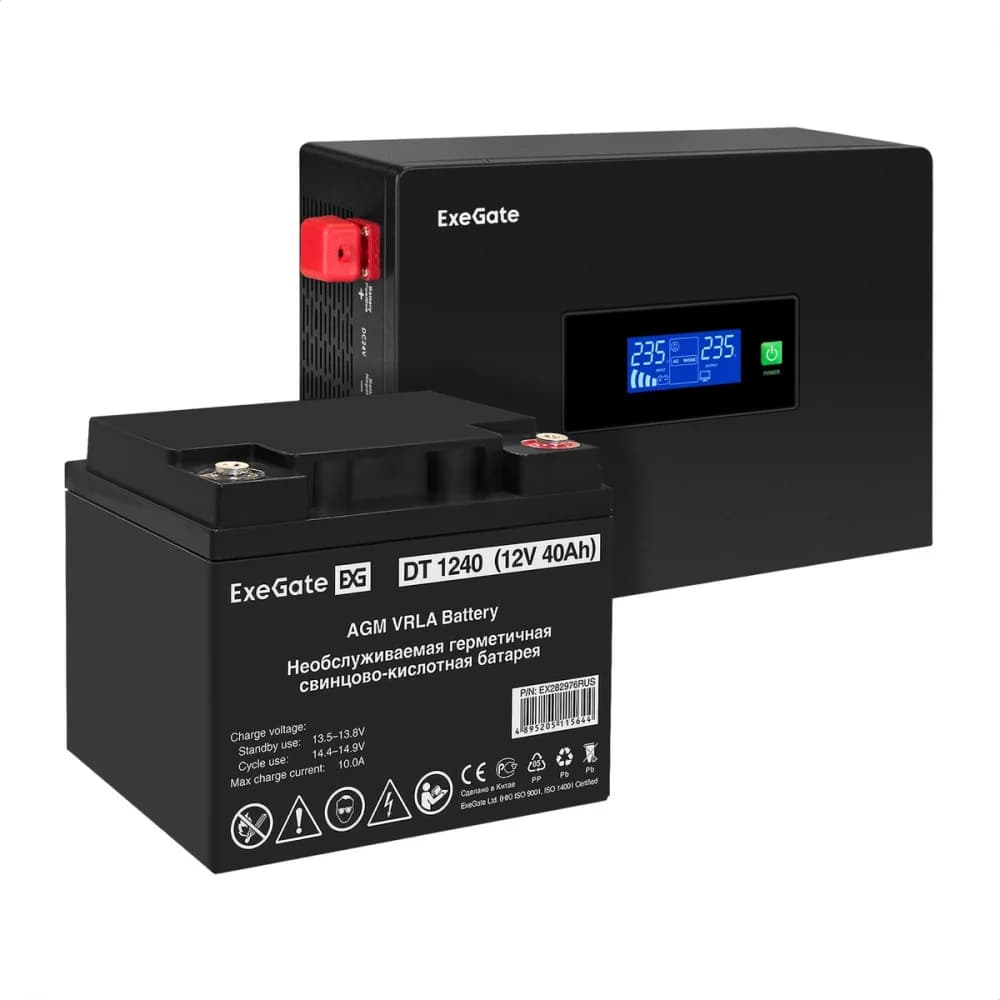 Комплект ИБП EX295993RUS + батарея 40Aч EX282976RUS 1шт инвертор, синус, для котла, PF=1, настенный) ExeGate IdealSine SR-1000.LCD.2SH <1000VA/1000W, чистая синусоида, цветной LCD-дисплей, 2*Schuko