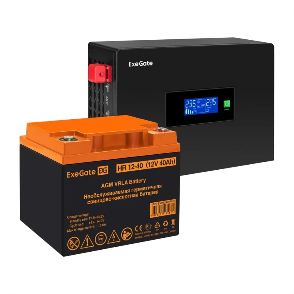 Комплект ИБП EX295993RUS + батарея 40Aч EX282979RUS 1шт инвертор, синус, для котла, PF=1, настенный) ExeGate IdealSine SR-1000.LCD.2SH <1000VA/1000W, чистая синусоида, цветной LCD-дисплей, 2*Schuko