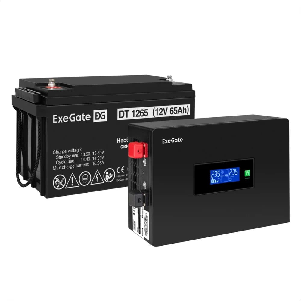 Комплект ИБП EX295993RUS + батарея 65Aч EX282980RUS 1шт инвертор, синус, для котла, PF=1, настенный) ExeGate IdealSine SR-1000.LCD.2SH <1000VA/1000W, чистая синусоида, цветной LCD-дисплей, 2*Schuko