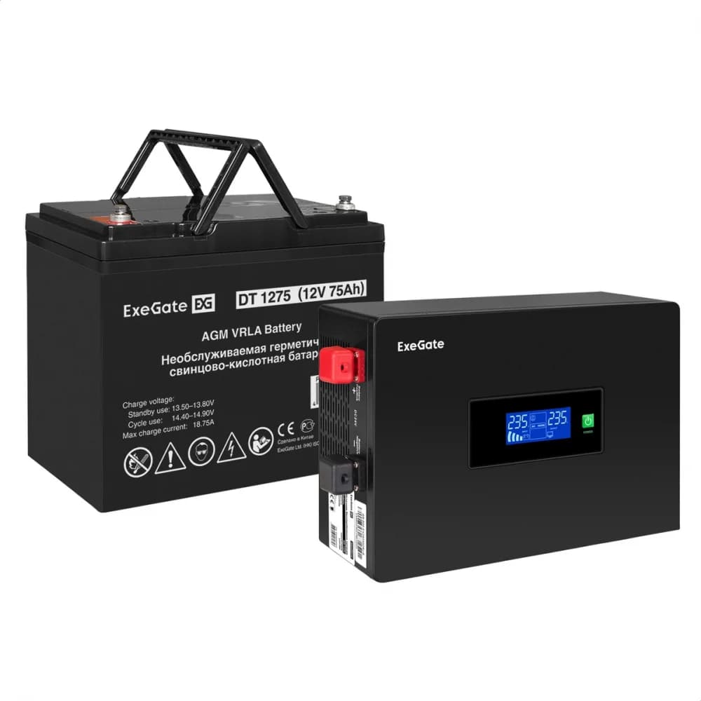 Комплект ИБП EX295993RUS + батарея 75Aч EX282983RUS 1шт инвертор, синус, для котла, PF=1, настенный) ExeGate IdealSine SR-1000.LCD.2SH <1000VA/1000W, чистая синусоида, цветной LCD-дисплей, 2*Schuko