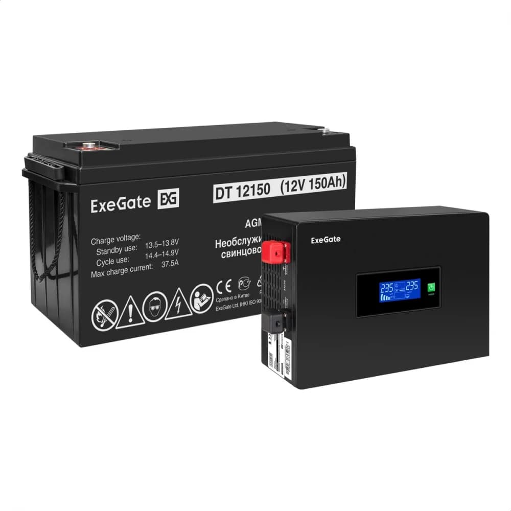 Комплект ИБП EX295993RUS + батарея 150Aч EX282990RUS 1шт инвертор, синус, для котла, PF=1, настенный) ExeGate IdealSine SR-1000.LCD.2SH <1000VA/1000W, чистая синусоида, цветной LCD-дисплей, 2*Schuk