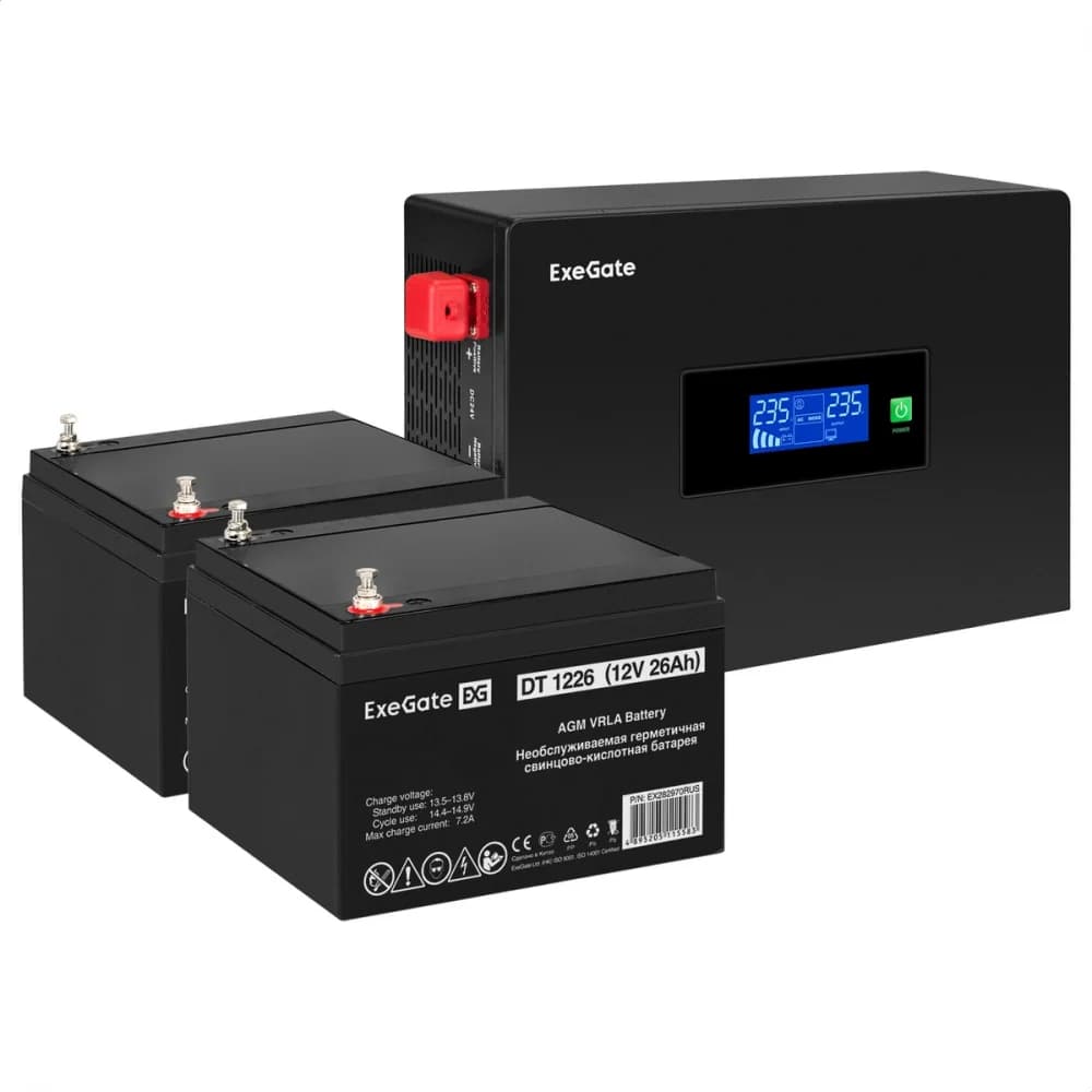Комплект ИБП EX295994RUS + батарея 26Aч EX282970RUS 2шт (инвертор, синус, для котла, PF=1, настенный) ExeGate IdealSine SR-1500.LCD.2SH <1500VA/1500W, чистая синусоида, цветной LCD-дисплей, 2*Schuk