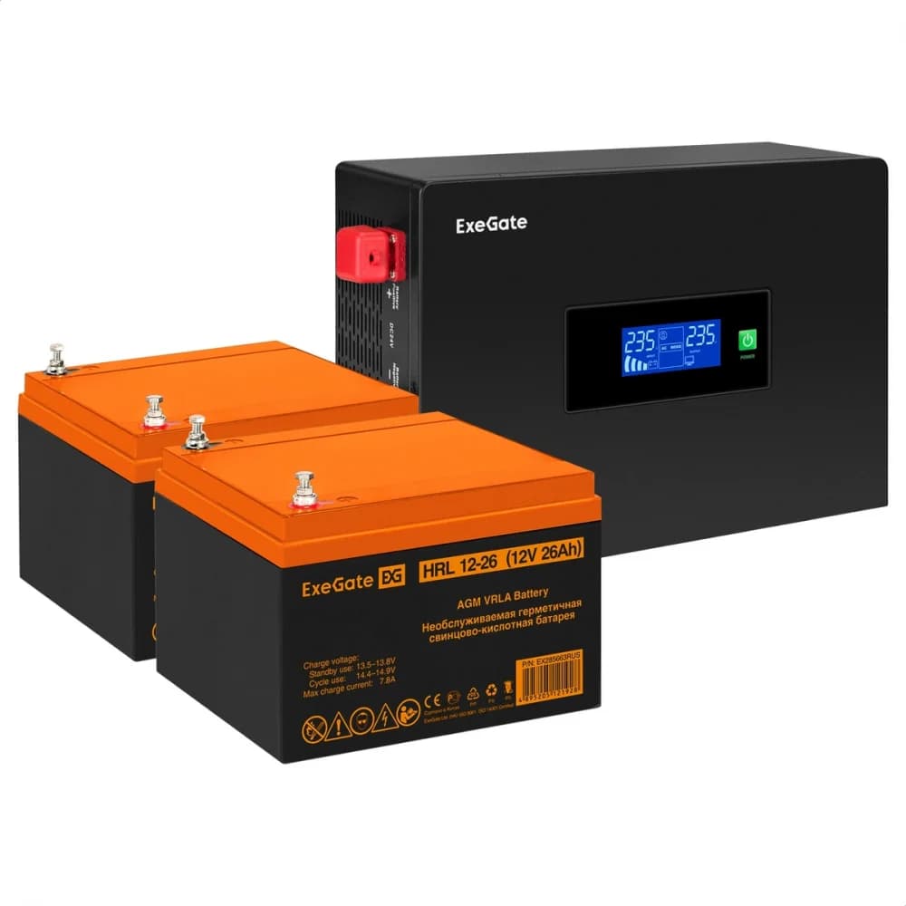 Комплект ИБП EX295994RUS + батарея 26Aч EX285663RUS 2шт инвертор, синус, для котла, PF=1, настенный) ExeGate IdealSine SR-1500.LCD.2SH <1500VA/1500W, чистая синусоида, цветной LCD-дисплей, 2*Schuko