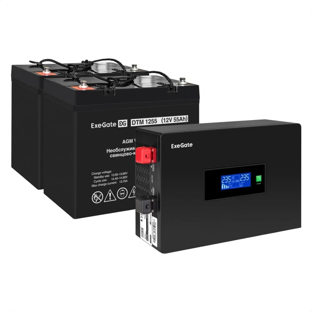 Комплект ИБП EX295994RUS + батарея 55Aч EX285667RUS 2шт инвертор, синус, для котла, PF=1, настенный) ExeGate IdealSine SR-1500.LCD.2SH <1500VA/1500W, чистая синусоида, цветной LCD-дисплей, 2*Schuko