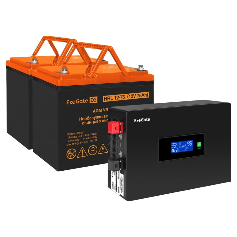 Комплект ИБП EX295994RUS + батарея 75Aч EX285653RUS 2шт инвертор, синус, для котла, PF=1, настенный) ExeGate IdealSine SR-1500.LCD.2SH <1500VA/1500W, чистая синусоида, цветной LCD-дисплей, 2*Schuko