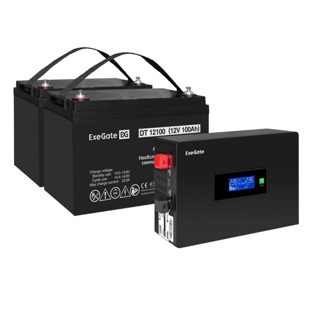 Комплект ИБП EX295994RUS + батарея 100Aч EX282985RUS 2шт инвертор, синус, для котла, PF=1, настенный) ExeGate IdealSine SR-1500.LCD.2SH <1500VA/1500W, чистая синусоида, цветной LCD-дисплей, 2*Schuk