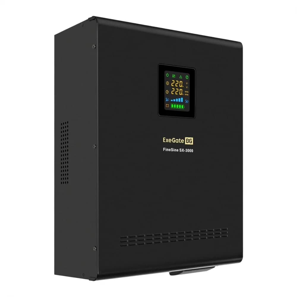 ИБП (инвертор, синус) настенный ExeGate FineSine SX-3000.LCD.AVR.2SH.T <3000VA/2100W чистая синусоида, цветной LCD-дисплей, AVR, 2*Schuko+1*ternimal, линейно-интерактивный, внешняя батарея 12В до 20