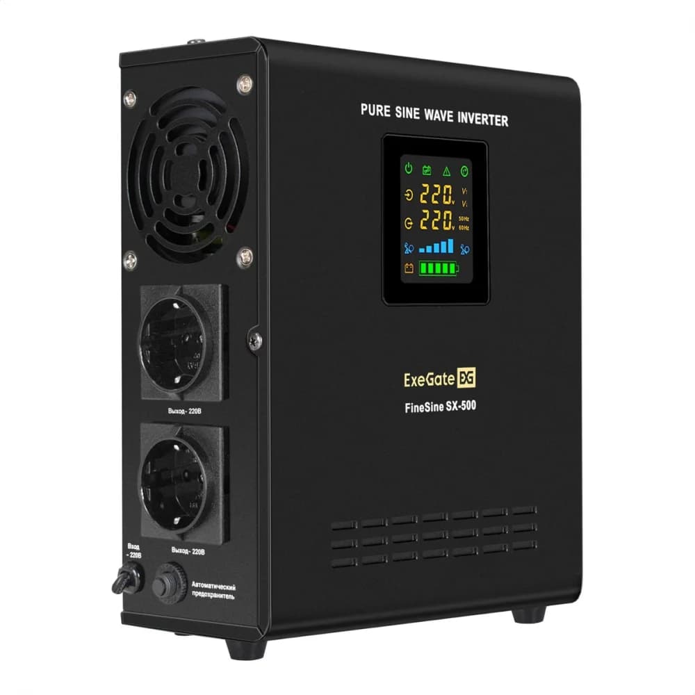 ИБП (инвертор, синус) настенный ExeGate FineSine SX-500.LCD.AVR.2SH <500VA/300W чистая синусоида, цветной LCD-дисплей, AVR, 2*Schuko, линейно-интерактивный, внешняя батарея 12В до 200Ач, настенный,