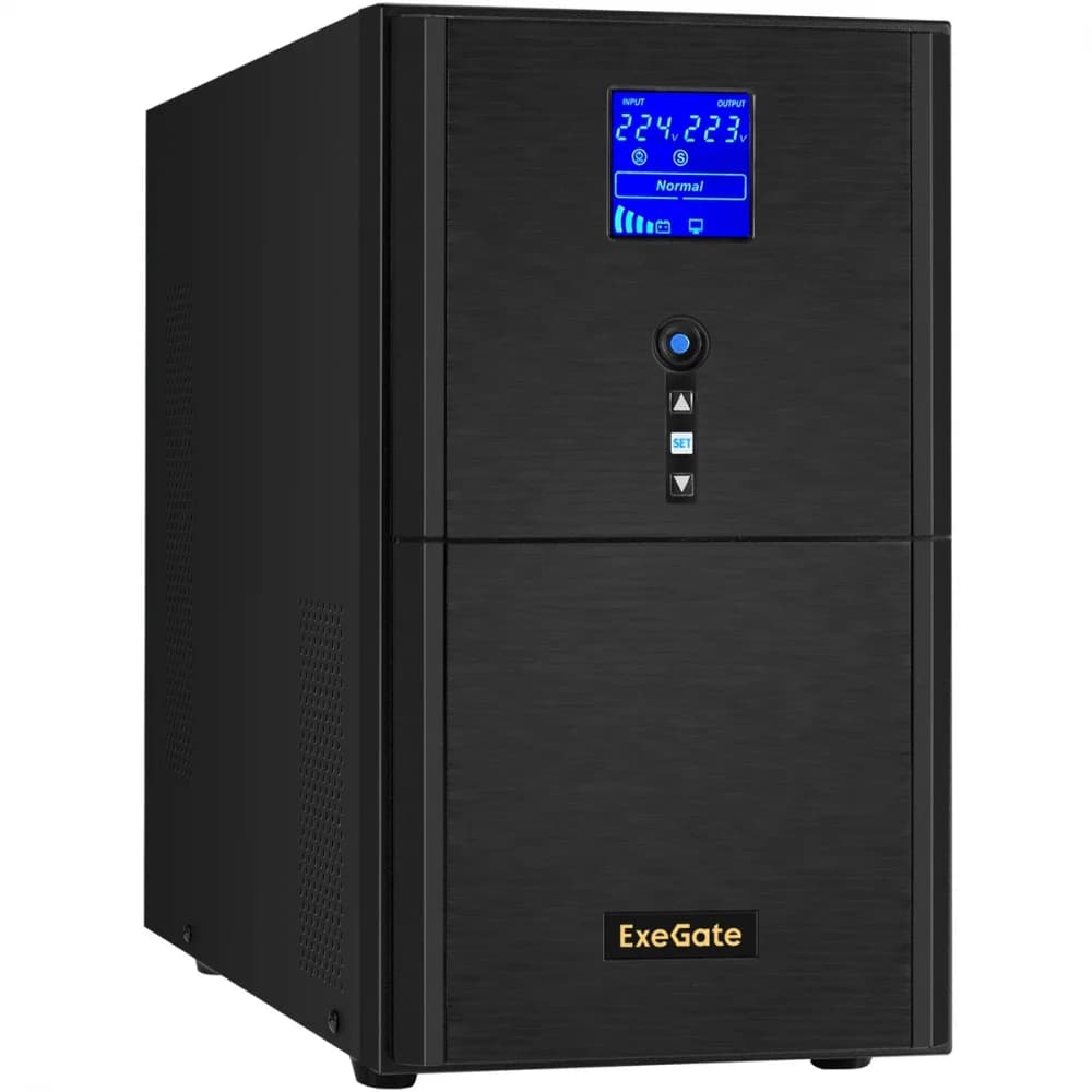 ИБП (инвертор, синус, для котла) ExeGate SineTower SN-3000.LCD.AVR.3SH.1C13.RJ.USB <3000VA/2400W, чистая синусоида, LCD дисплей, AVR, 3*Schuko+1*C13, RJ45/11, USB, линейно-интерактивный, Black>
