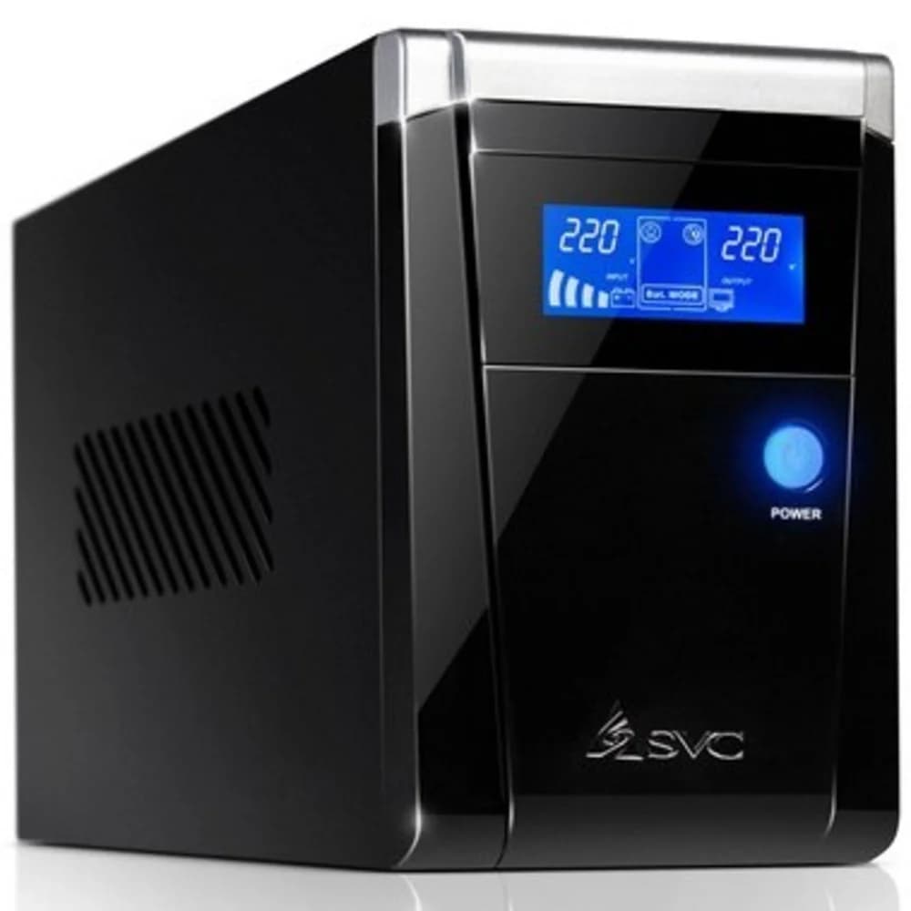 Источник бесперебойного питания, SVC, V-1500-F-LCD, Smart, USB, Мощность 1500ВА/900Вт, Диапазон работы AVR: 165-275В, Бат.: 12В/9 Ач*2шт., 3 вых.: Shuko CEE7, Защита тел. линии, Чёрный